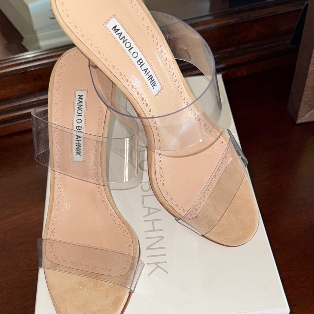 Manolo Blahnik SCOLTO Nude Clear Double-Strap Slide Sandals 38.5/US 8M NWT/NIB